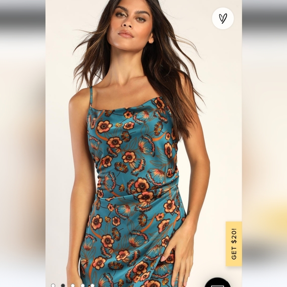 Lulus Hollywood Woman Teal Floral Print Satin Midi Dress - Picture 2 of 7